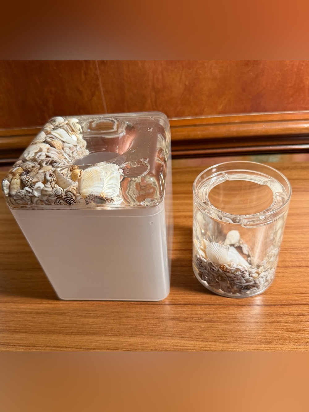 VTG Lucite Acrylic Seashell Floating Vanity Set Tissue Box Toothbrush Holder